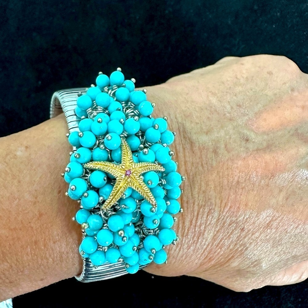 Bracelet - Sterling Silver, Turquoise Beads Featuring an 18K Star Fish.